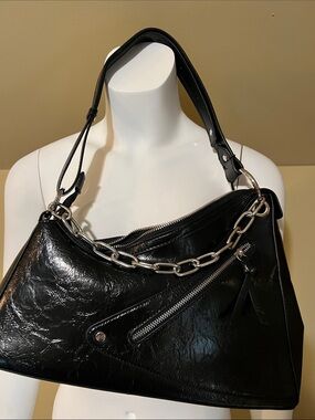 Expressions NYC Black Leather Shoulder Bag with Silver Chain
